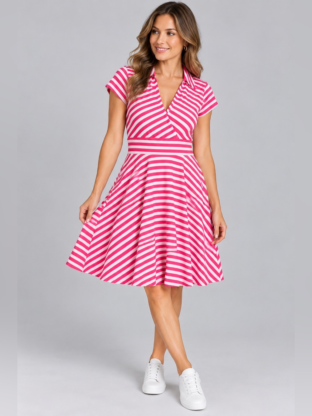 Betsey Johnson Pink White Striped Fit & Flare Collared Dress Size 10